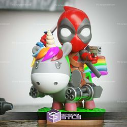 Chibi STL Collection - Deadpool on Unicorn 3D Model Sculpture