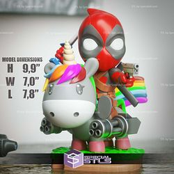 Chibi STL Collection - Deadpool on Unicorn 3D Model Sculpture