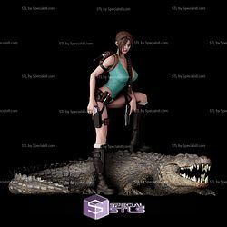 Lara Croft 3D Model Standing on Crocodiles