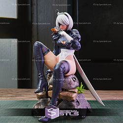 2B STL Files Sitting Pose with The Bird from Nier Automata